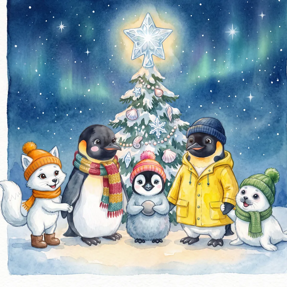 Pebbles feiert mit Lumi, Fini, Mama und Papa unter dem leuchtenden Eisstern und dem Polarlicht