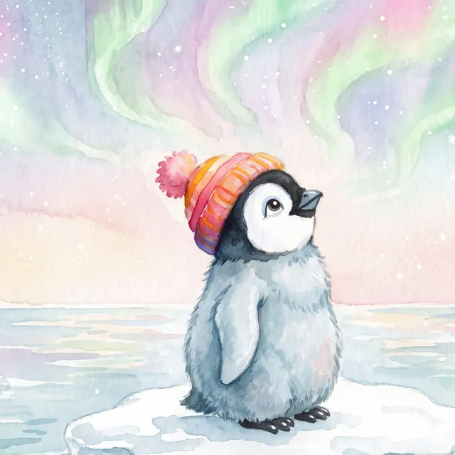 Pebbles steht auf einer Eisscholle unter dem Polarlicht